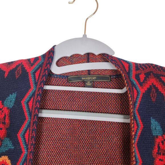 MAXSPORT‎ Sweater Womens Medium Blue Floral Open Long Cardigan Pockets Boho - Picture 5 of 8
